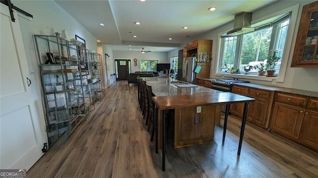 kitchen featuring appliances with stainless steel finishes, dark hardwood / wood-style floors, a center island, a barn door, and wall chimney range hood