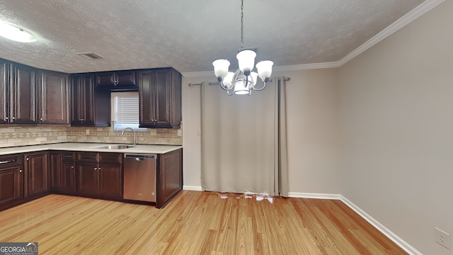 kitchen featuring sink, tasteful backsplash, light wood-type flooring, stainless steel dishwasher, and pendant lighting