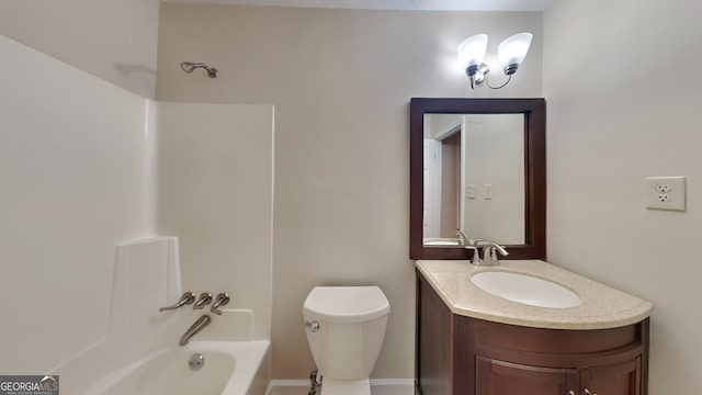 full bathroom featuring shower / tub combination, vanity, and toilet