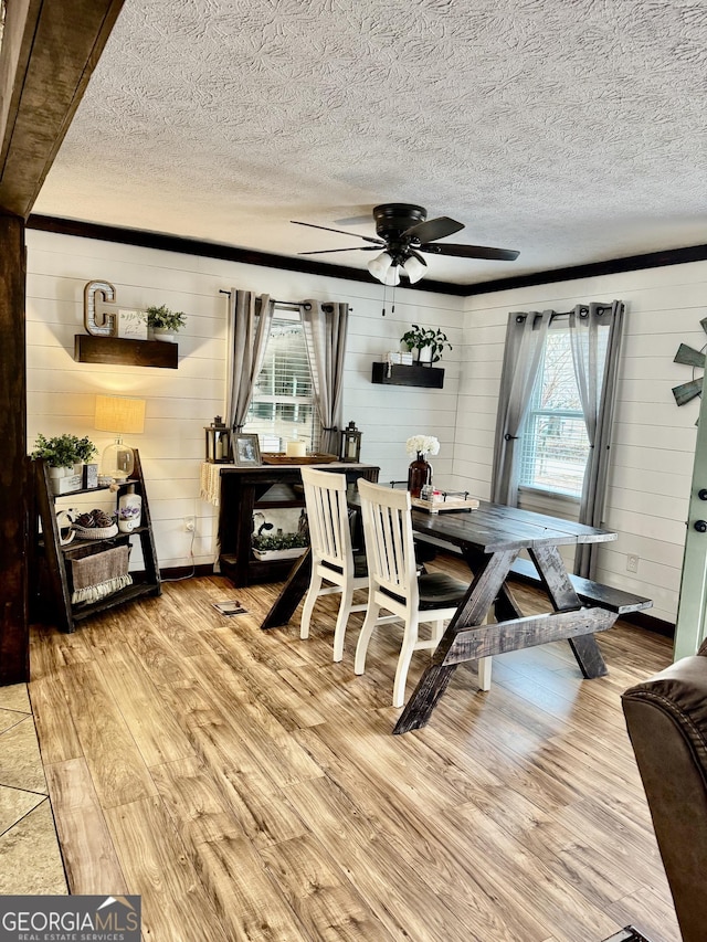 dining area featuring light hardwood / wood-style flooring, ceiling fan, and a textured ceiling