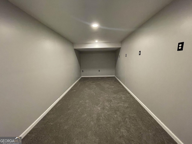 basement with dark carpet