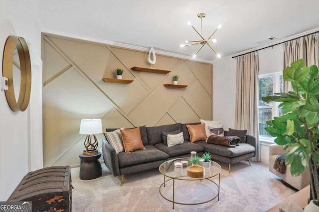 carpeted living room featuring an inviting chandelier and visible vents