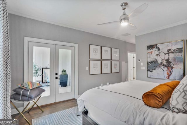 bedroom featuring ornamental molding, french doors, wood finished floors, a ceiling fan, and access to outside