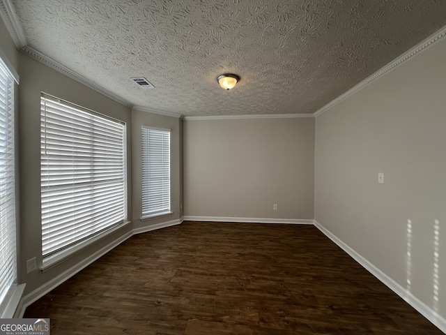 unfurnished room featuring crown molding, dark hardwood / wood-style floors, and a textured ceiling