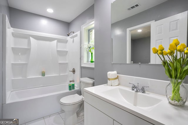 full bathroom with  shower combination, toilet, and vanity