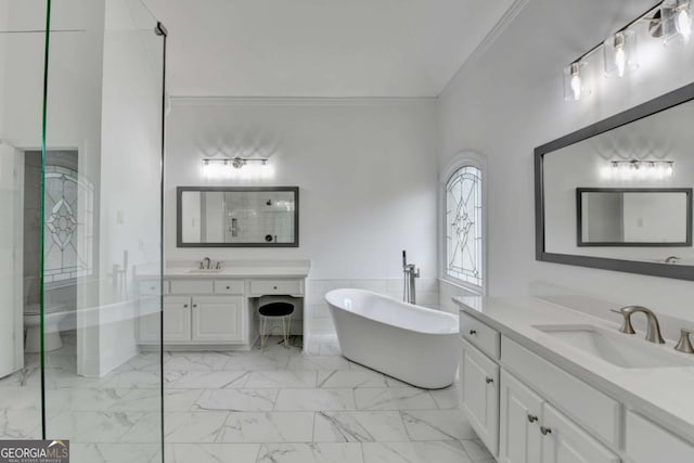 bathroom with toilet, ornamental molding, a bath, and vanity