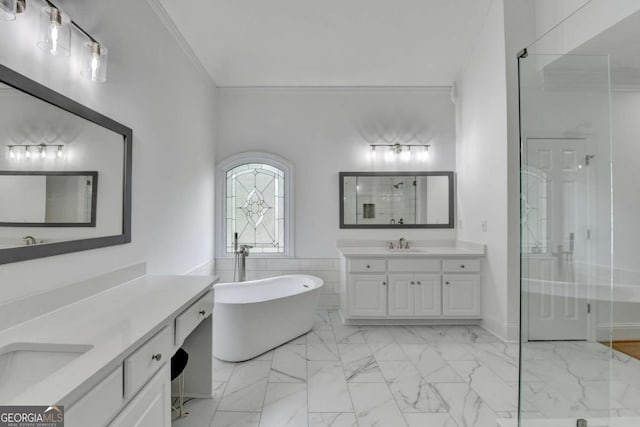 bathroom with ornamental molding, shower with separate bathtub, and vanity