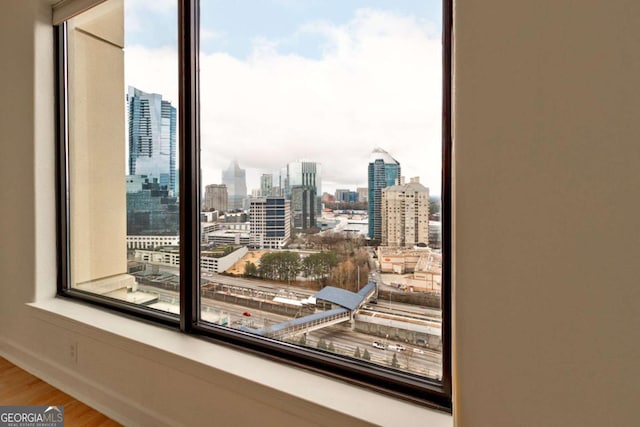 interior details featuring baseboards, wood finished floors, and a city view