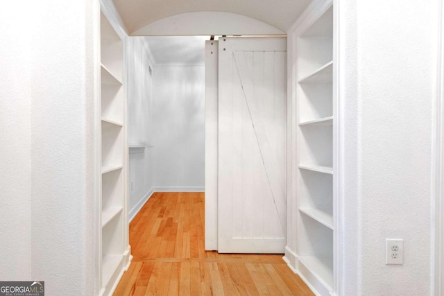 spacious closet with a barn door and light wood-type flooring