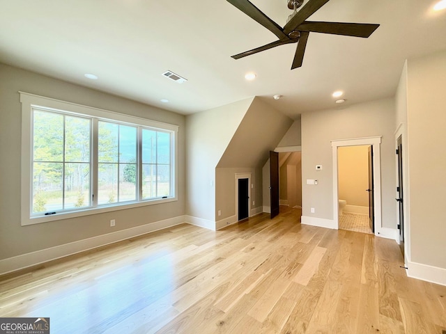 bonus room featuring ceiling fan, recessed lighting, visible vents, baseboards, and light wood-type flooring