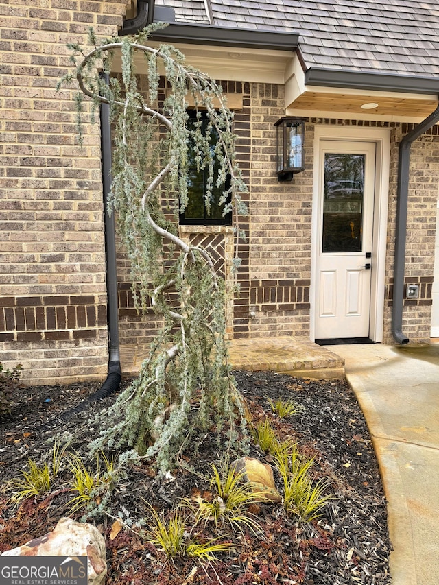 view of exterior entry featuring brick siding and a shingled roof