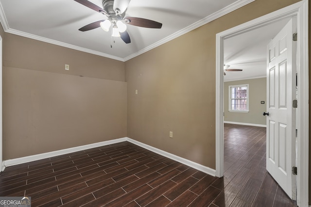 spare room featuring baseboards, ceiling fan, wood finish floors, and crown molding