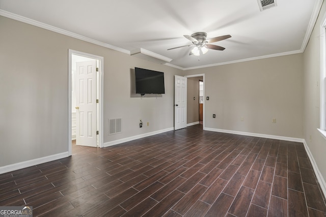 spare room with ceiling fan, visible vents, and dark wood finished floors