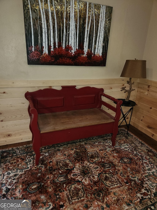 living area with wood walls