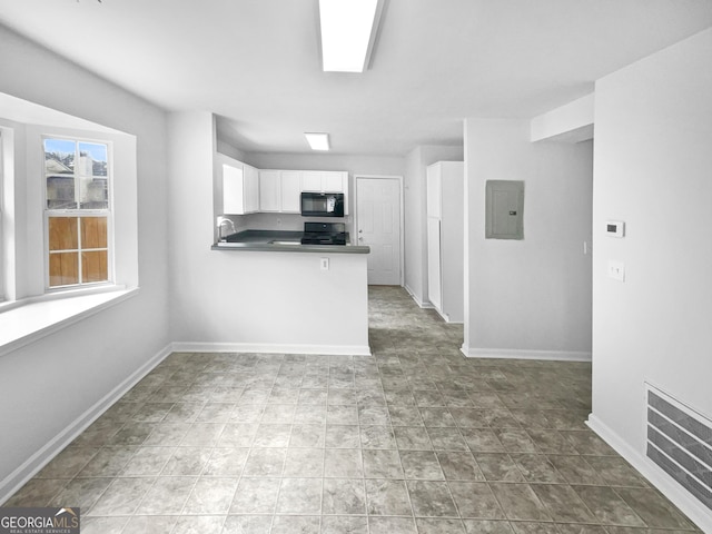 kitchen featuring sink, white cabinets, stove, electric panel, and kitchen peninsula