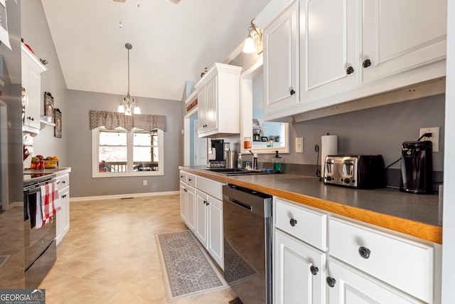 kitchen with vaulted ceiling, white cabinetry, dishwasher, sink, and black electric range