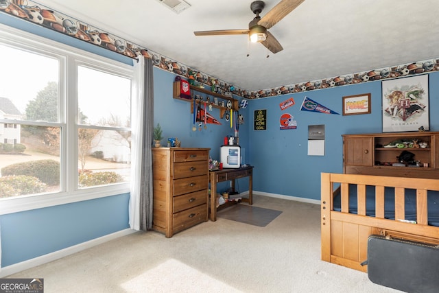 bedroom with carpet floors and ceiling fan