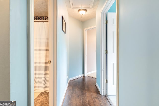 hallway featuring dark wood-type flooring and a textured ceiling