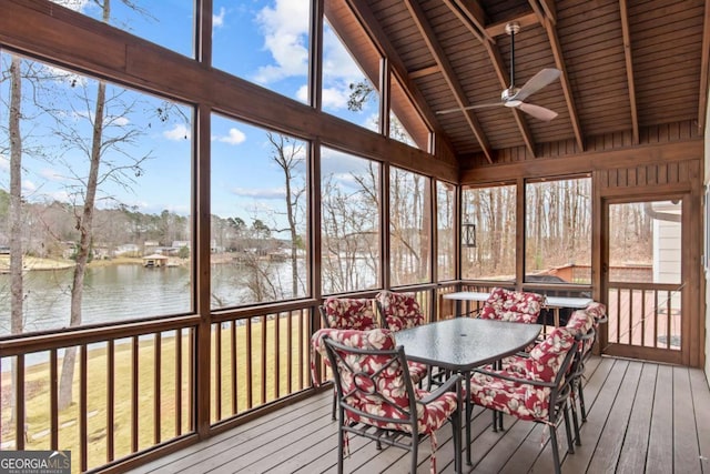 sunroom / solarium with lofted ceiling with beams, a water view, and ceiling fan