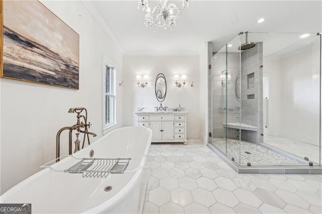 bathroom with independent shower and bath, crown molding, vanity, and a chandelier