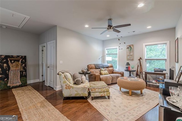 3157 Oakdale Rd, Hapeville, GA 30354 - living area with attic access, ceiling fan, dark wood-style flooring, recessed lighting, and baseboards