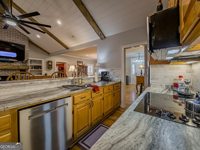 kitchen featuring light hardwood / wood-style flooring, tasteful backsplash, black electric cooktop, lofted ceiling with beams, and dishwasher