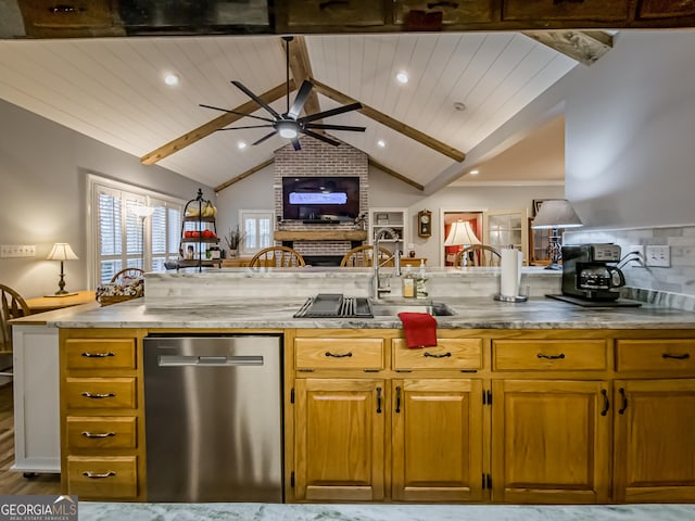 kitchen with sink, stainless steel dishwasher, wooden ceiling, ceiling fan, and lofted ceiling with beams