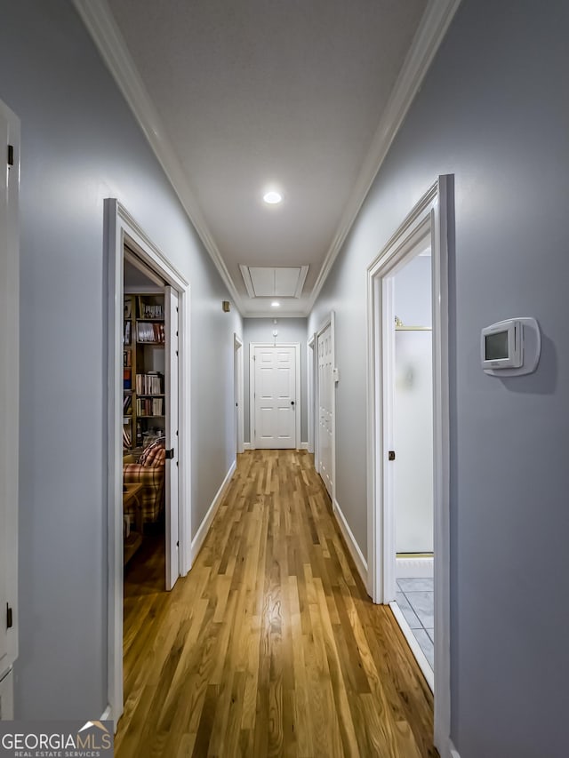 hall featuring light hardwood / wood-style flooring and ornamental molding