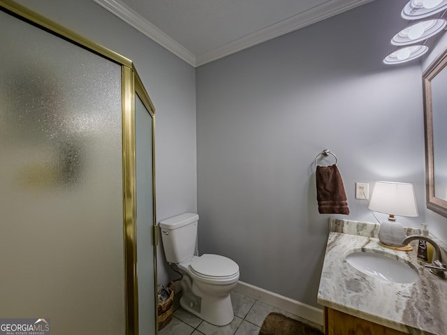 bathroom featuring a shower with shower door, tile patterned flooring, toilet, vanity, and crown molding