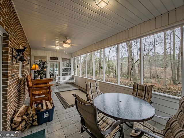 sunroom featuring ceiling fan and wooden ceiling