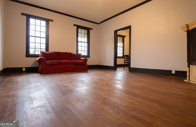 living room with ornamental molding, dark wood-type flooring, and a wealth of natural light