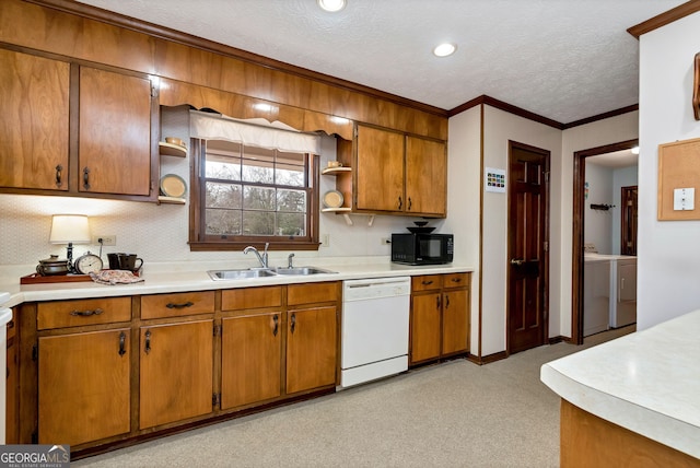 kitchen with sink, white dishwasher, ornamental molding, a textured ceiling, and decorative backsplash