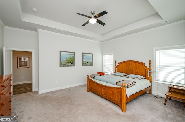 carpeted bedroom with crown molding, ceiling fan, and a raised ceiling