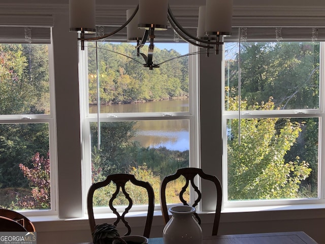 room details featuring a water view and a notable chandelier