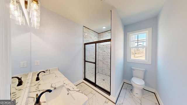 full bath with baseboards, a marble finish shower, double vanity, toilet, and marble finish floor