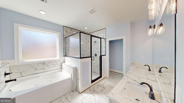 bathroom with visible vents, marble finish floor, a stall shower, a sink, and a tub with jets