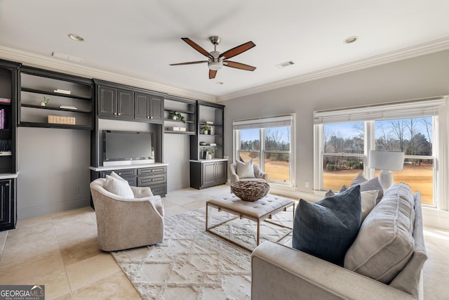 living room featuring ceiling fan, ornamental molding, and light tile patterned floors