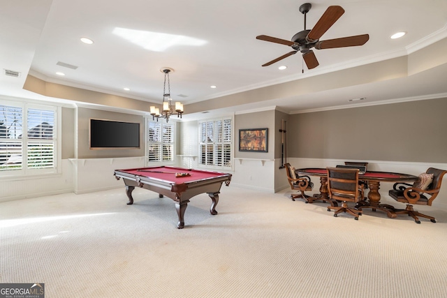 rec room with billiards, crown molding, carpet flooring, and a raised ceiling