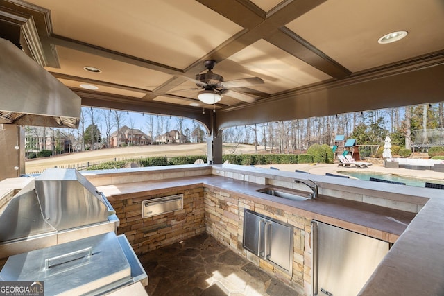 view of patio / terrace with a pool, grilling area, area for grilling, sink, and a playground