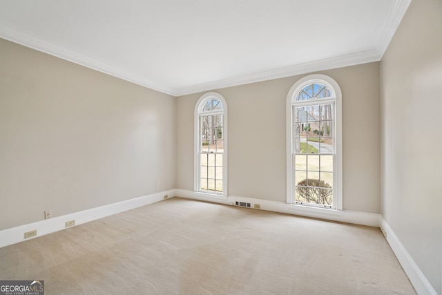 unfurnished room with ornamental molding, a wealth of natural light, and light colored carpet