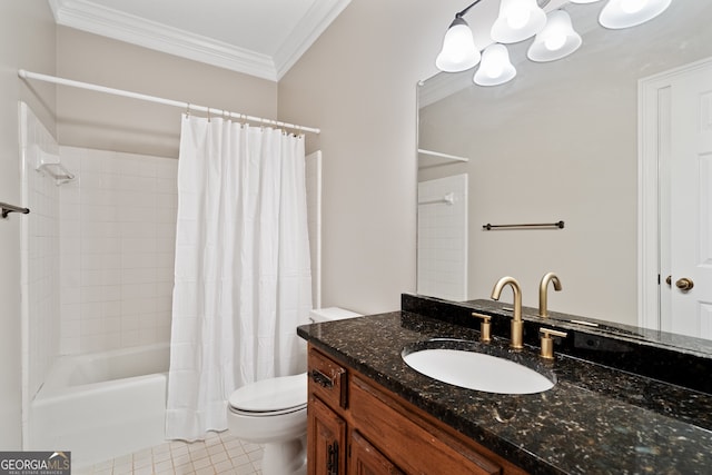 full bath featuring toilet, shower / bath combo with shower curtain, ornamental molding, vanity, and tile patterned flooring