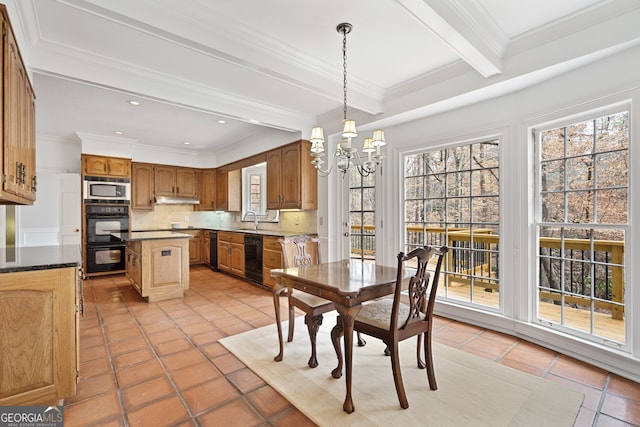 dining room featuring light tile patterned floors, wine cooler, a notable chandelier, ornamental molding, and beam ceiling