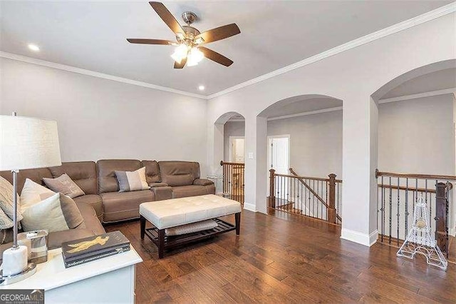 living room with ornamental molding and dark hardwood / wood-style floors