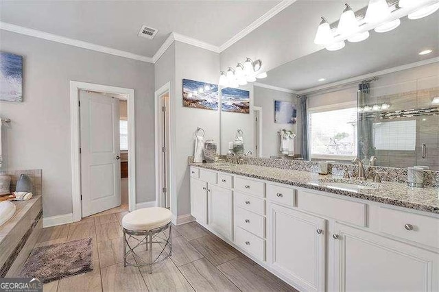 bathroom featuring crown molding, vanity, and shower with separate bathtub