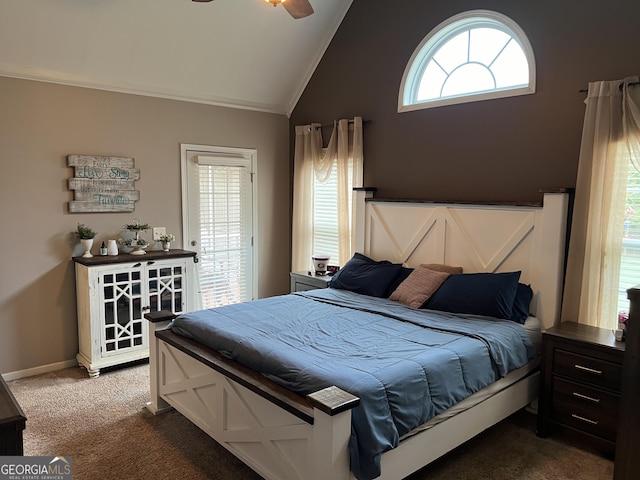 bedroom with high vaulted ceiling, dark carpet, baseboards, and a ceiling fan