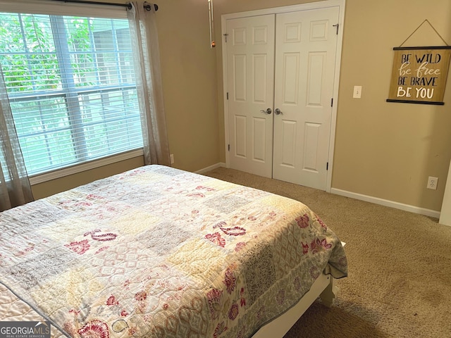 bedroom featuring carpet, baseboards, and a closet