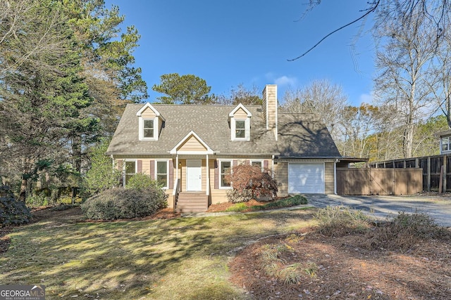 cape cod house with an attached garage, driveway, a chimney, and fence