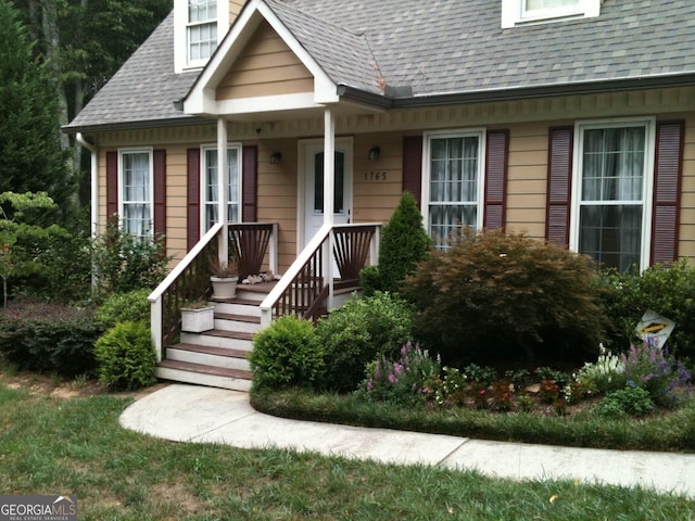 view of front facade with roof with shingles