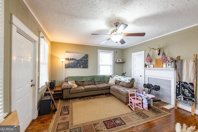 living room with crown molding, wood-type flooring, a textured ceiling, and ceiling fan