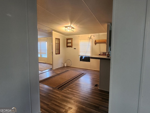 interior space with dark wood-style flooring, visible vents, and crown molding